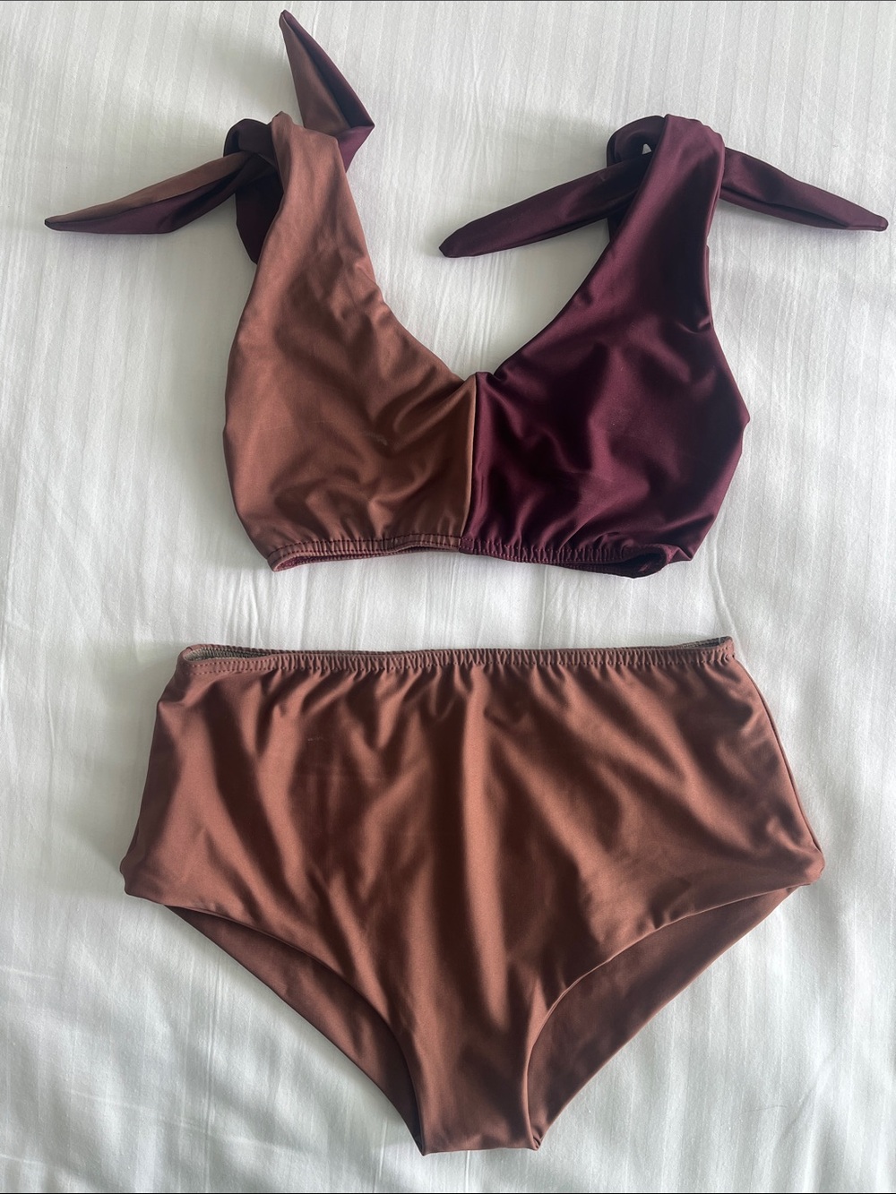 Two-Tone Brown & Burgundy Tie-Shoulder Bikini Set